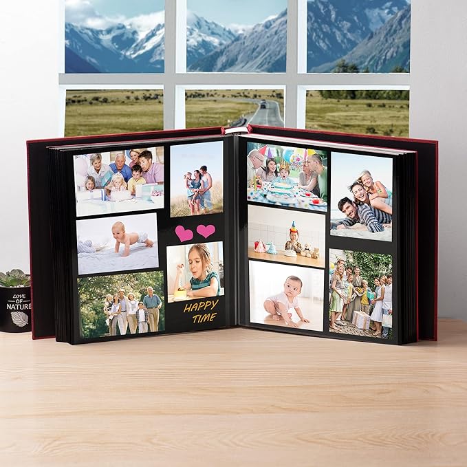 Large Photo Album Self Adhesive 4x6 5x7 3x5 8x10 Scrapbook Magnetic Album DIY Scrap Book Length 13 x Width 12.8 (Inches) 120 Black Sticky Pages Linen Cover DIY Photo Album(Red)