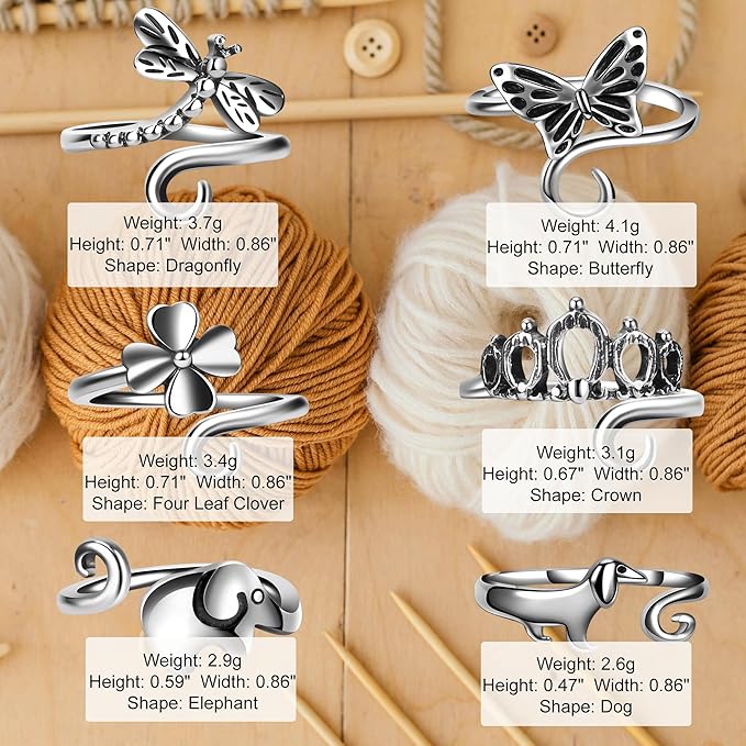 6 PCS Crochet Tension Ring Cat Crown Butterfly Elephant Sunflower Adjustable Yarn Rings Tools Crochet Accessories Gifts for Crochet Lovers