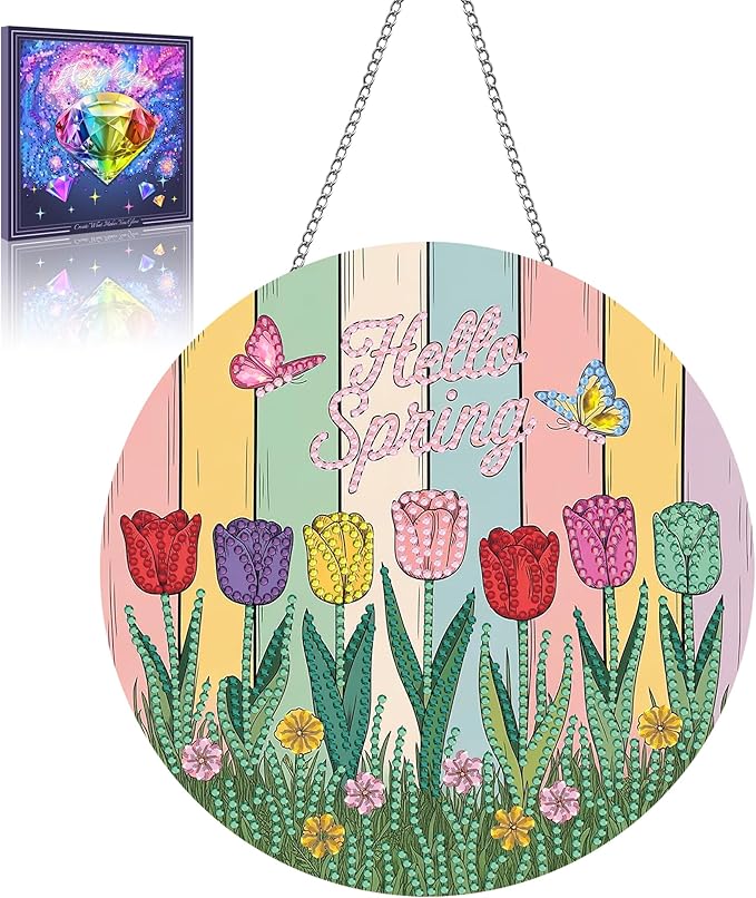LOMSIOY Diamond Art Hanging Kit for Adult, Spring Front Door Sign Window Hanging for Outdoor, Tulips Double Sided Easter Decor Suncatcers for Porch, Diamond Painting Pendants for Garden 8 x 8 Inch