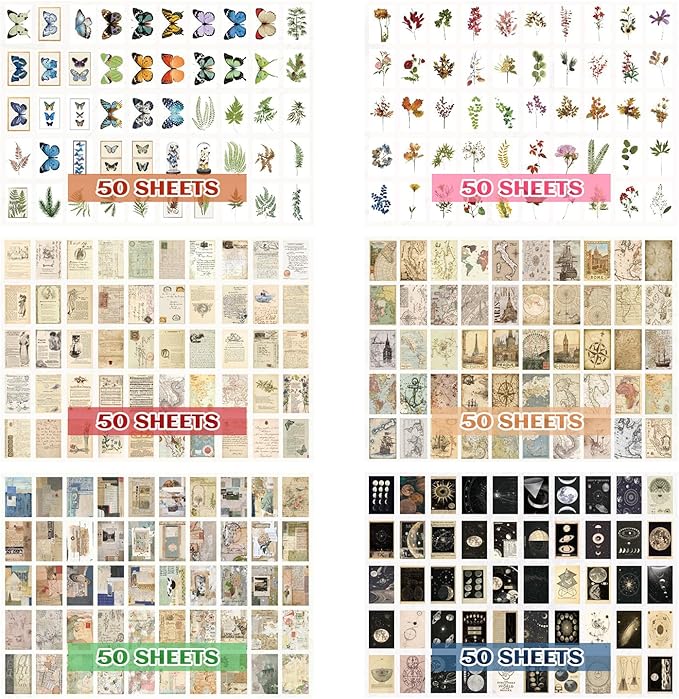 300Pcs Washi Scrapbook Supplies Sticker Set,Nature Vintage Scrapbooking Decals for Junk Journal Supplies Card Making Envelopes Paper Stationery Collage