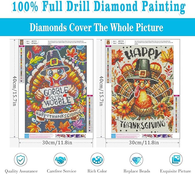 Meothan Fall Diamond Art Kits for Adults, 2 Pack Thanksgiving Turkey Diamond Painting Kits for Adults, 5D DIY Round Full Drill Gem Art Paint by Diamonds Dots Crafts Kits for Home Decor Gift 12x16inch