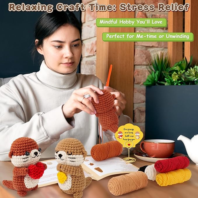 Crochet Kit for Beginners, Emotional Positive Support Crochet Gift, Otter Couple Crochet Animal Kit, Easy Crochet Kits for Adults, DIY Craft Gift Birthday, Valentine's Day, Teacher Appreciation