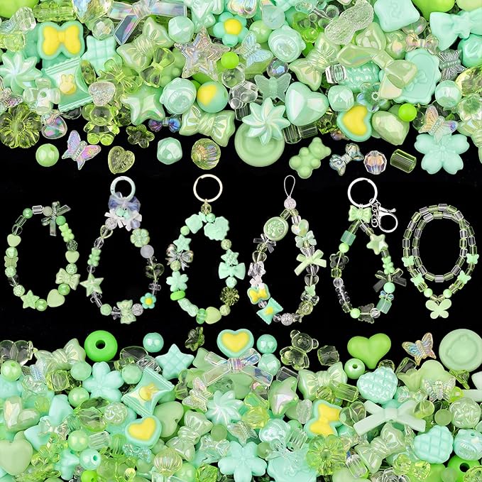 200-260PCS TINKRSTUFF Assorted Acrylic Beads Green Cute Beads for Bracelet Making, Bow Flower Butterfly GummyBear Kawaii Charms, Aesthetic Bead for Necklace Jewelry Making DIY Keychain Phone Charm