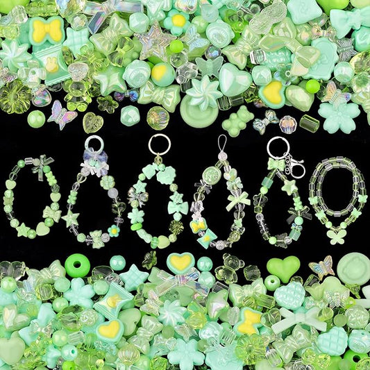 200-260PCS TINKRSTUFF Assorted Acrylic Beads Green Cute Beads for Bracelet Making, Bow Flower Butterfly GummyBear Kawaii Charms, Aesthetic Bead for Necklace Jewelry Making DIY Keychain Phone Charm