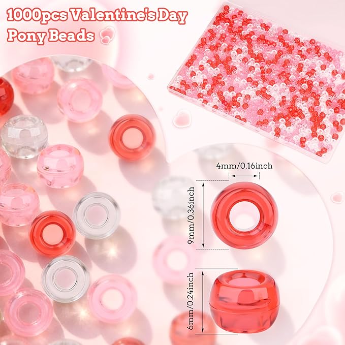 1000Pcs Valentine's Day Pony Beads Pink Red White Bracelets Crafts 6x9mm Bulk Plastic Pony Valentine Beads for Jewelry Making Party Party DIY Crafts Necklace Keychain Romantic Accessories