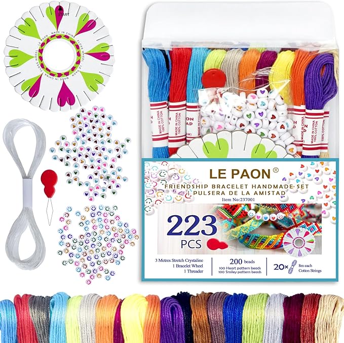 LE PAON 20 skiens Embroidery Floss，Embroidery Thread Friendship Bracelet Stitch Kit， Crafts Thread with 200beads，1 roll of Transparent Thread, 1 Bracelet Wheel，1 Threader
