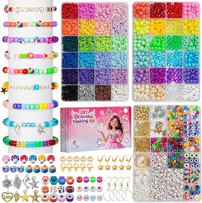 Taybonds DIY Bracelet Making Kit for Beginners, Jewelry Making Ket with Polymer Clay Charms, Alphabet Beads, Pony, Pearl and Clay Beads, Unicorn Mermaid Panda Charms for Gifts Party