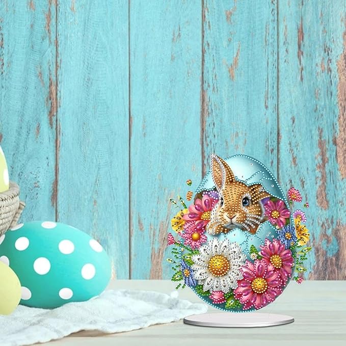 DIY Dot Diamond Desktop Easter Creative Ornaments Diamond Art Painting by Number Embroidery Arts and Crafts Easter for Home Office Garden Decoration (Single Side Dot Diamond)-23-Easter Bunny Egg