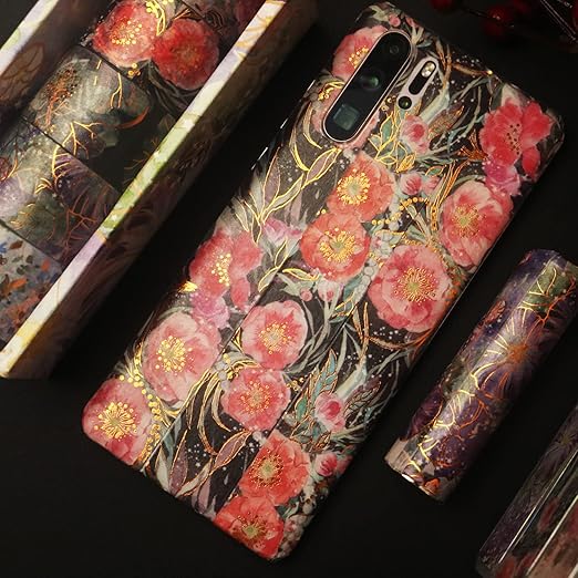 YUBBAEX Blooming Washi Tape Set Gold Foil Masking Tape Peony Wide Decorative for Arts, DIY Crafts, Journal Supplies, Planners, Scrapbook, Card/Gift Wrapping -25mm- (Purple Flowers)