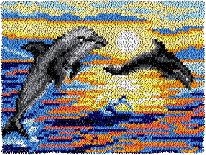 MIAOLLUN Sunset Dolphins Latch Hook Rug Kit for Adults Beginners, 2 Dolphins Pattern Rug Making Craft Embroidery Tapestry Set Home Decoration 20.5X15inch