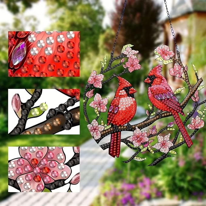 Generic DIY Hanging Diamond Pendant Special Shaped Crystal Diamond Art Painting Ornament Single Sided for Window Home Garden Wall Door Decor-Cardinal
