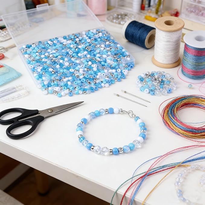 1000Pc Boxed Blue Pony Beads, Blue and White Hair Beads, 9 MM Plastic Craft Bead with Large Hole for Jewelry Making, Bracelets, Necklaces, Hair Braiding and DIY Crafts