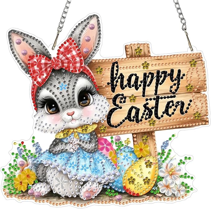 MXJSUA Diamond Art Hanging Kits for Adults Beginners, DIY Acrylic 5D Special Shaped Crystal Diamond Gem Art Painting Hanging Ornament for Home Wall Decor and Gift (Easter Cute Bunny)
