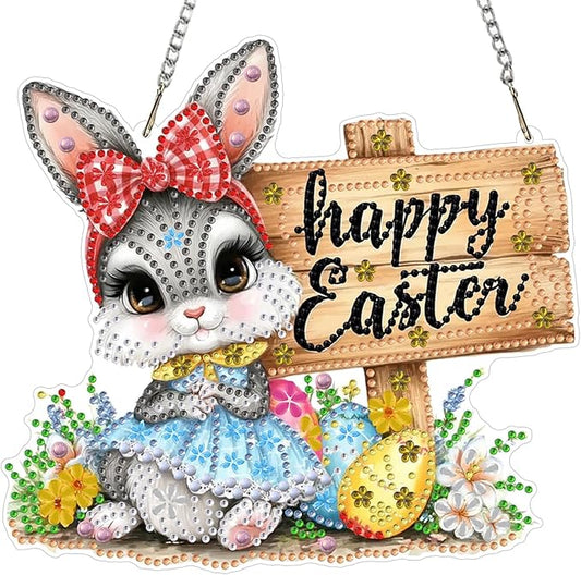 MXJSUA Diamond Art Hanging Kits for Adults Beginners, DIY Acrylic 5D Special Shaped Crystal Diamond Gem Art Painting Hanging Ornament for Home Wall Decor and Gift (Easter Cute Bunny)