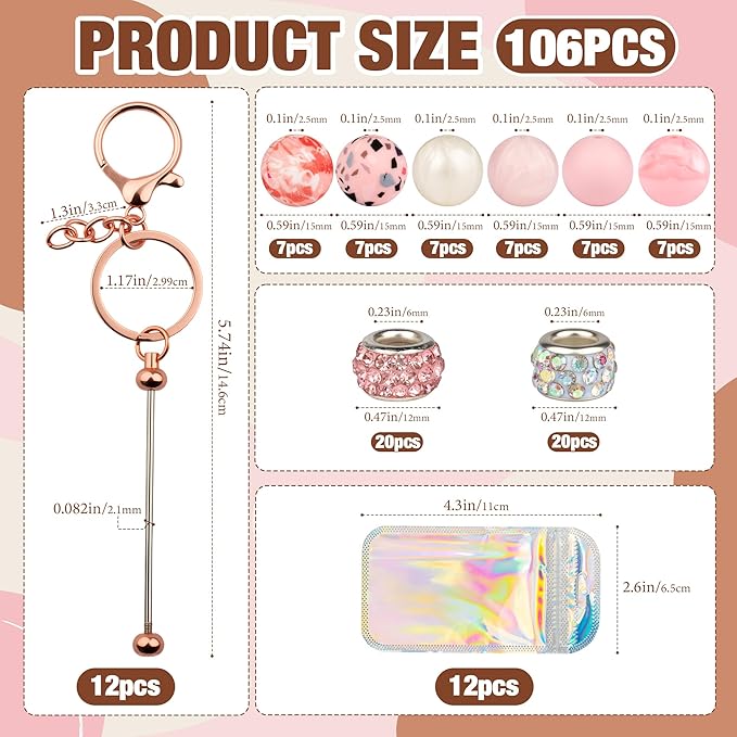 106pcs Beadable Keychains Set Bulk for Keychain Making Kit with Beadable Keychain Bar Silicone Beads Spacer Beads DIY Gifts for Women Men Crafts (Rose Gold)