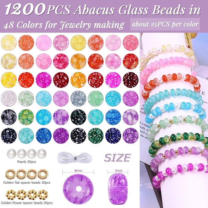 1380pcs Rondelle Glass Beads for Jewelry Making, 48 Colors Abacus Glass Beads for Bracelet,5x8mm Bracelet Making Kit with Gemstone Spacer Rondelle Beads for DIY Crafts Gifts (2 Box)