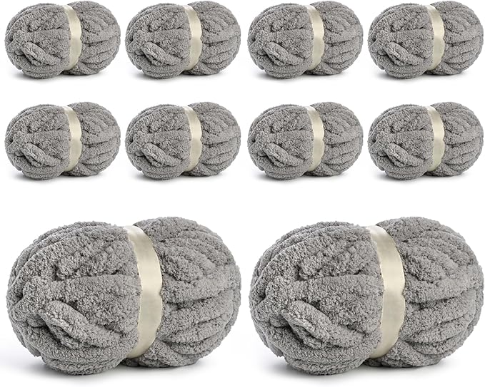 10 Pack Jumbo Chenille Yarn for Crocheting, #10 Super Bulky Baby Soft Yarn for Hand Knitting, 220 yds /70.5 oz Fluffy Chunky Knit Throw Blanket Yarn (Light Grey)