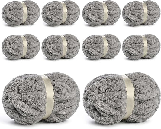 10 Pack Jumbo Chenille Yarn for Crocheting, #10 Super Bulky Baby Soft Yarn for Hand Knitting, 220 yds /70.5 oz Fluffy Chunky Knit Throw Blanket Yarn (Light Grey)