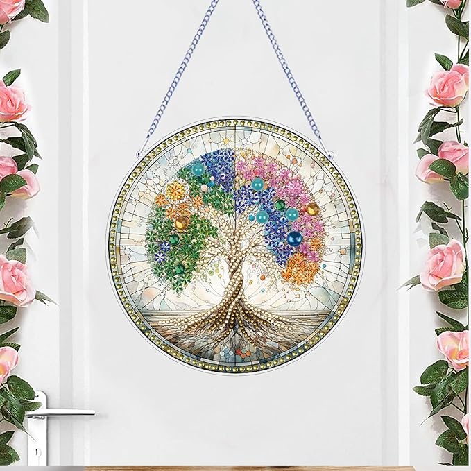 STGLCR DIY 5D Tree of Life Diamond Painting Kits Hanging Sign Wall Art Sign Tree Diamond Art Suncatcher Window Hanging Ornament Window Pendants Home Garden Wall Door 7.8inch