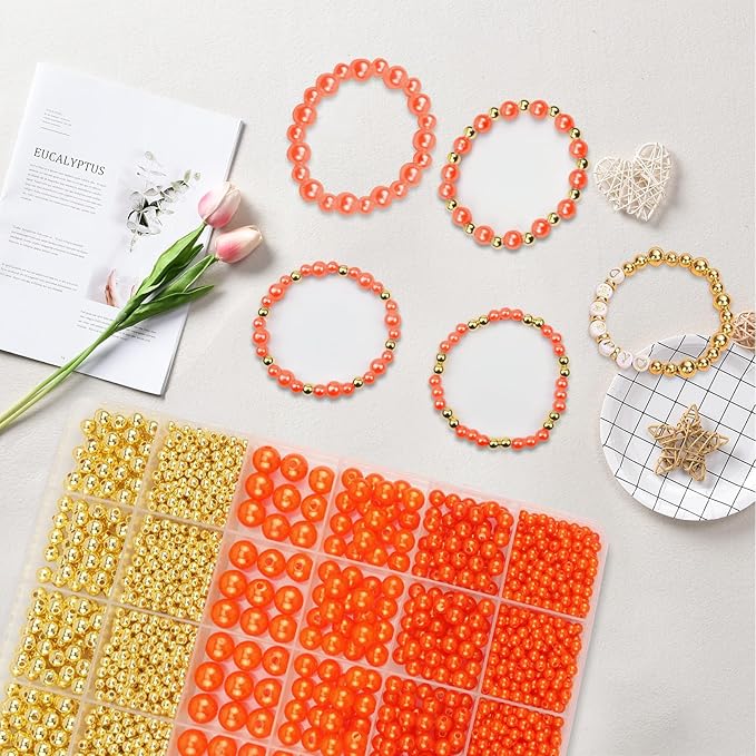 2116 PCS Pearl Beads for Bracelet Making Kit Gold Beads for Jewelry Making Kit Gold Small Spacer Bead Orange Pearl Bead for Crafting Charms Necklace Earrings DIY Craft for Women Adult