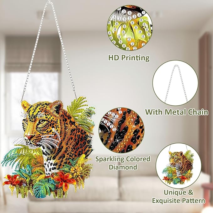 SENQAO Leopard Diamond Art Hanging Kit for Adult, Special Shaped Rhinestone, DIY Acrylic 5D Cheetah Diamond Art Painting Window Pendants Home Garden Wall Hanging Kits Hanging Ornament