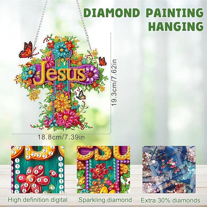 MAXBYE Diamond Art Kits for Adults Hanging Pendant, Jesus Cross DIY Special Shaped Diamonds Painting Double Sided Rhinestone Gem Art for Beginners Gift Window Wall Door Decoration 8×8 Inch