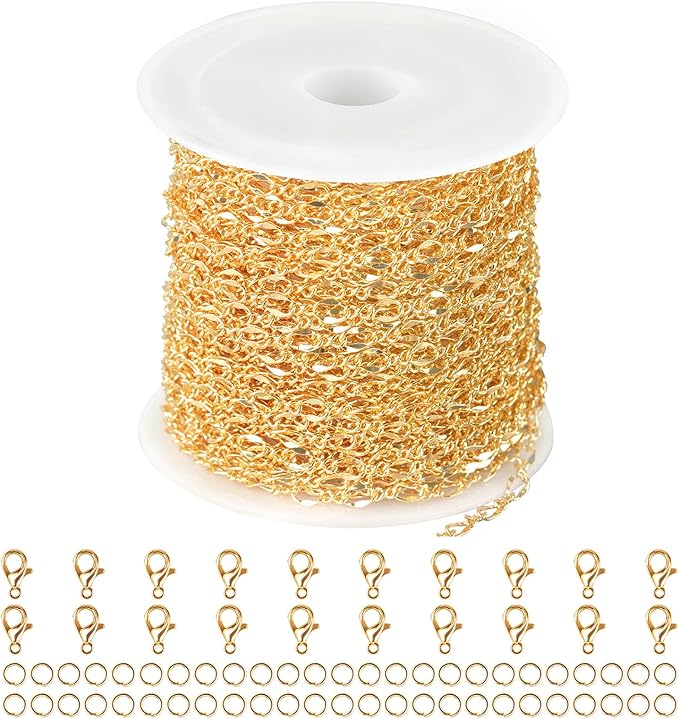 Jabogrii 32.8 Feet Lip Jewelry Making Chains Bulk 18K Gold Plated Brass Chain for Jewelry Making DIY Craft Chain Roll