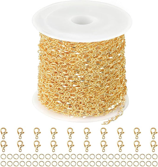 Jabogrii 32.8 Feet Lip Jewelry Making Chains Bulk 18K Gold Plated Brass Chain for Jewelry Making DIY Craft Chain Roll