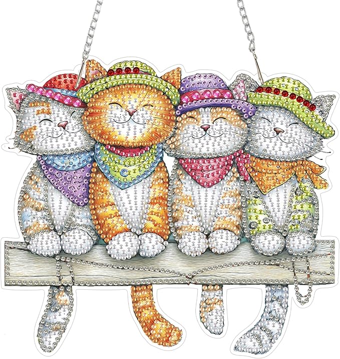 Lxmsja DIY Cute Cats Bench Diamond Painting Hanging Ornament, Double-Sided Acrylic Colorful Bandanas Diamond Art Kit, Special Shaped Suncatcher Hanging Pendant Window Art Kit