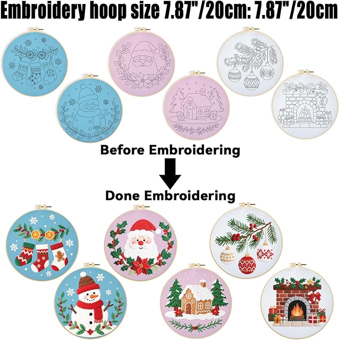 ORIGACH 6 Pcs Christmas Embroidery Kit for Beginners, Stamped Design Embroidery Starter Kit Includes Cloth, Hoops, Threads & Needles