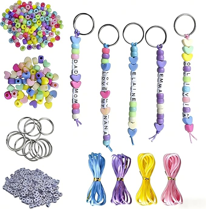 EMYNBO Bead Keychain Making Kit for Adults – 568Pcs Letter Beads Alphabet Beads for Personalized Message, DIY Keychain Kit with Charms，Creative Craft Project for Handmade Gifts