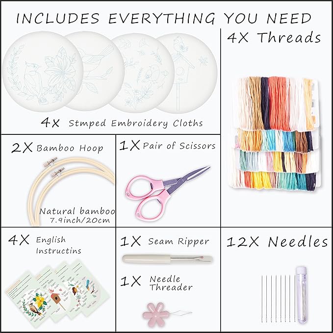 bonroy 4 sets embroidery set for beginners, art craft, easy sewing, includes embroidery clothing, pattern, embroidery hoop, instruction manual, colorful thread needles set (6 pieces)