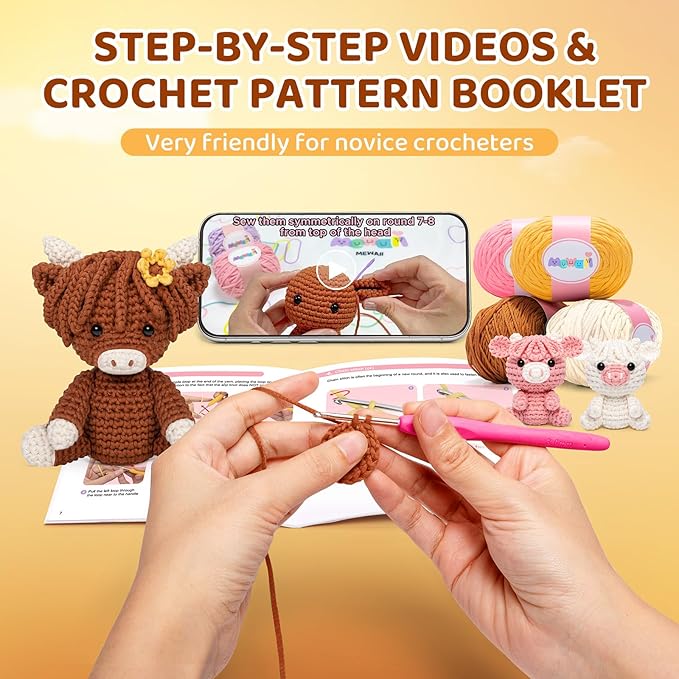 Mewaii Beginner Crochet Kit with 40% Extra Yarn, Pre-Started Yarn & Video Tutorials - 3 Highland Cows Craft Set for Adults & Kids