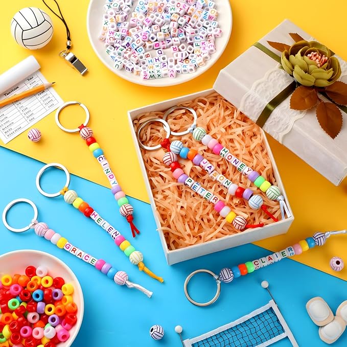 Landical 564 Pcs DIY Bead Keychain Kit Key Chain Making Craft Adjustable Letter Beads String Mama Sport Gift Alphabet Jewelry Backpack Accessories Holiday Party Favor (Volleyball,Vivid Color)