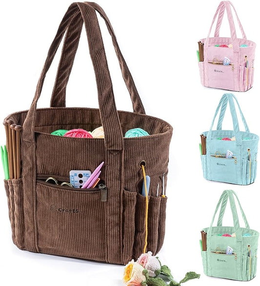 Corduroy Crochet Bag 11.5" Large Yarn Storage Tote with Grommets, Needle Holders – Knitting Bag Organizer for Crochet Hooks, Accessories, Tools & Projects –Gift for Knitters & Crafters