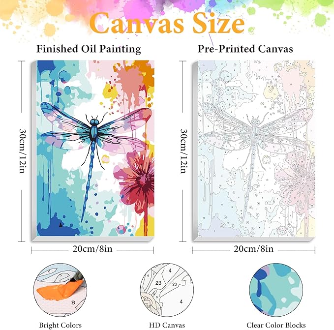 Framed Paint by Numbers Kit for Adults Beginner Dragonfly, Adult Paint by Number Kits on Canvas Framed Flower, DIY Acrylic Oil Painting by Numbers with Frame, Perfect for Home Decor Gift 8 X 12 Inch