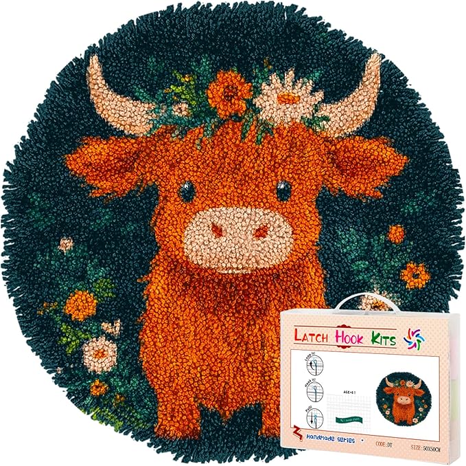 Latch Hook Round Rug Kit Cute Orange Baby Highland Cow Stamped Handmade Round Shape Carpet Crochet Yarn Craft DIY Hook and Latch Door Mat Tapestry Christmas Home Floor Decor 50x50cm-115