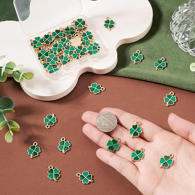 Cheriswelry 50Pcs Green Clover Charms Shamrock Four Leaf Lucky Pendants St. Patrick's Day Enamel Alloy Pendants 18x12x1.3mm for DIY Crafts Necklace Bracelet Earring Jewelry Making