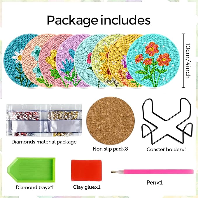 EWJRNSF 8 PCS Diamond Art Coasters Kit, Small Diamond Painting Coasters, Fall Diamond Art Kits for Adults Beginners, Arts and Crafts Supplies Item Sets with Holder