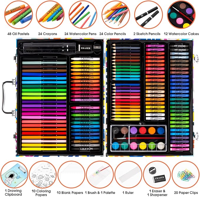 Art Supplies, 180 Pack Drawing Painting Set for Kids Girls Boys Teens, Coloring Art Kit Gift Case with Clipboard, Coloring Papers, Oil Pastels, Crayons, Colored Pencils, Watercolor Cakes, Markers
