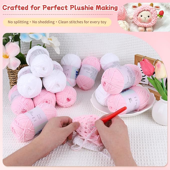 Skinny Chenille Yarn Set – 12 Skeins Soft Baby Yarns (1.76oz/50g, 6 White + 6 Pink, Total 1,896yd) – Fine Weight Matte Chenille Yarn for Crocheting – Soft CYC#2 for Baby Blankets, Plush Toys