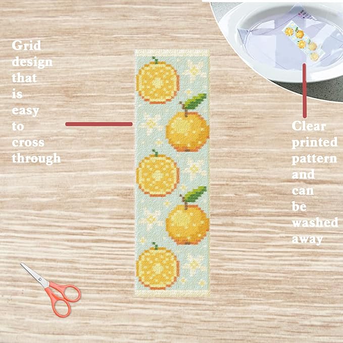 FREEBLOSS 6 Set Cross Stitch Bookmark Kit Stamped Cross Stitch Kit Refreshing Fruits Theme Embroidery Set with Instruction for Adults 8''*2.4''