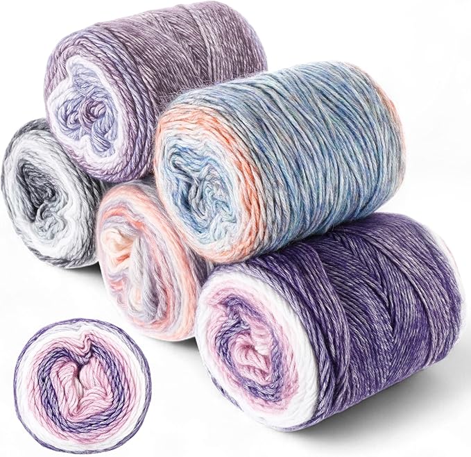 Timgle 5 Rolls Ombre Cake Yarn for Crocheting & Knitting, 3.5oz/100g 328yds Multicolor Self Striping Gradient Yarn, Soft 60% Cotton 30% Acrylic 10% Wool for Scarves Shawls Blankets Garments(Purple)