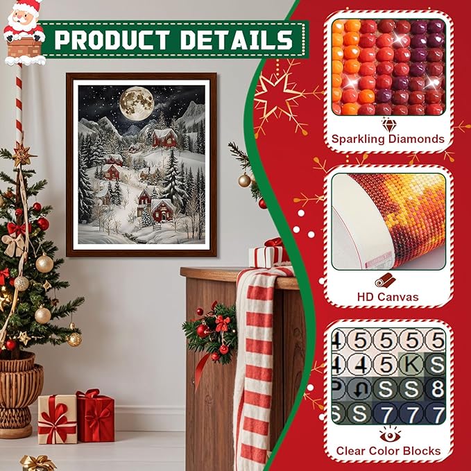 EMIEAUFG Christmas Diamond Art Kits for Adults, Christmas Snow Scenery Diamond Paiting Kit for Beginners, 5D DIY Round Full Drill Craft Diamond Dot Gem Art, Home Wall Decor 12" x 16"