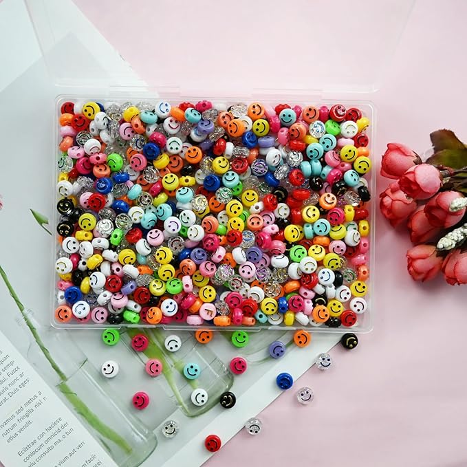 500pcs Colorful Smiley Face Beads，Happy Face Spacer Beads for DIY Jewelry Bracelet Earring Necklace Craft Making Supplies