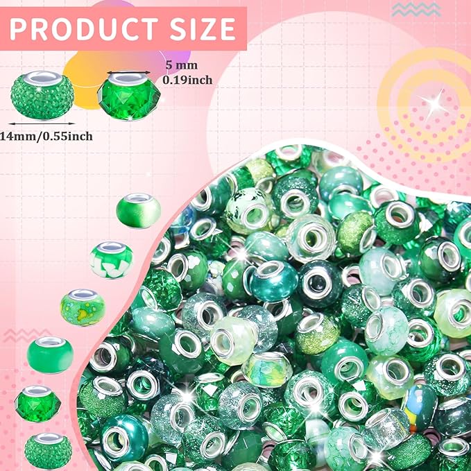 150Pcs Large Hole Beads Spacer Beads Dark Green Assorted European Craft Big Beads Large Hole Lampwork Murano Bead Fairy Wand Garden Bead for DIY Charm Bracelets Jewelry Making Decoration Supplies