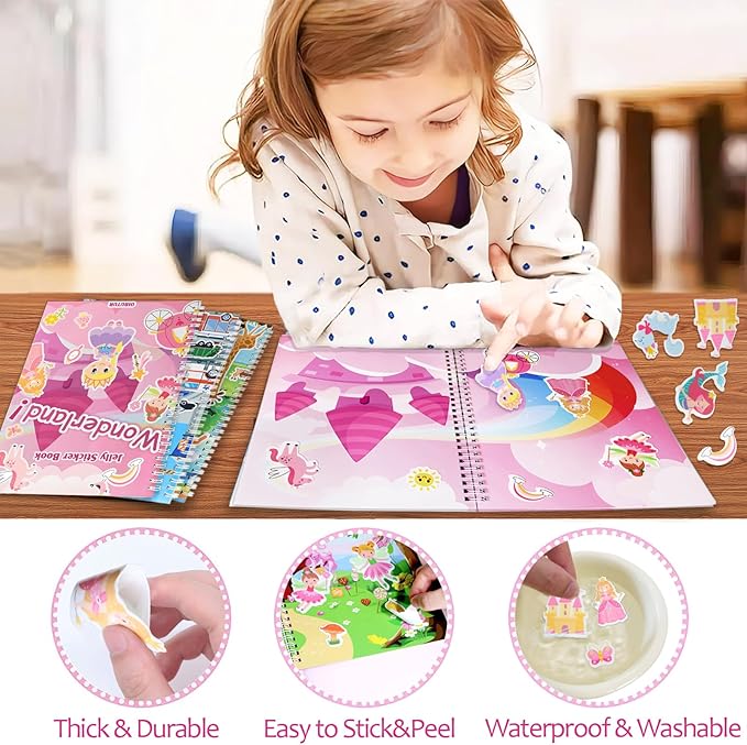 oibutur jelly sticker books for toddlers 2-4 years, reusable sticker book for kids 1-3, toddler stocking stuffers＆travel essentials princess stickers for kids toddler plane activities (wonderland)