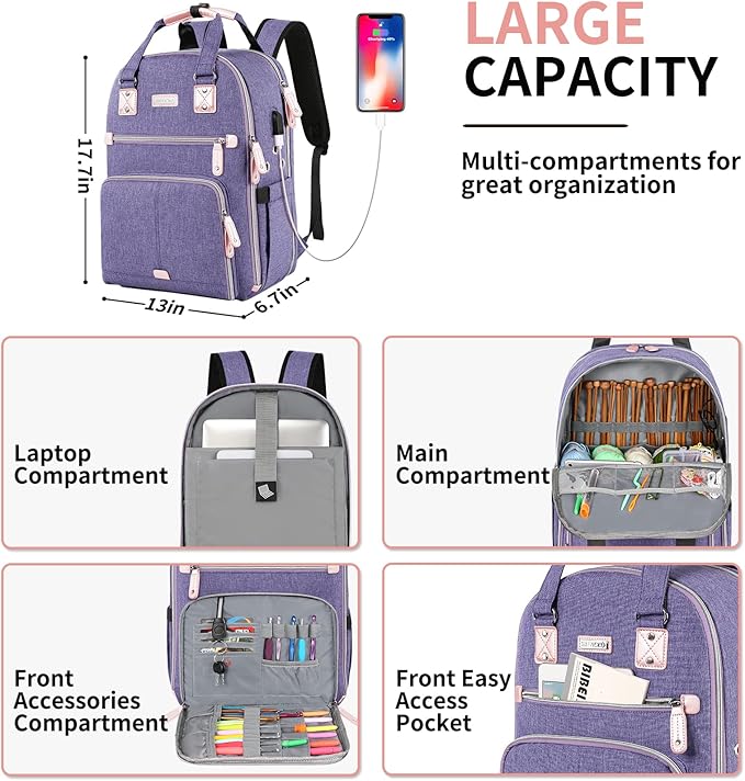 Crochet Bag, Knitting Bag Backpack and Totes Organizer with USB Charging Port, Large Yarn Storage Tote Bag