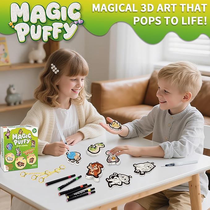 3D Art Kit Aqua Magic Puffs Animals, 15 Mess-Free Paint by Number Craft for Kids, DIY Coloring Kits,Christmas&Travel Gifts & Stocking Stuffer for Girls and Boys, Art Projects with Puff Markers