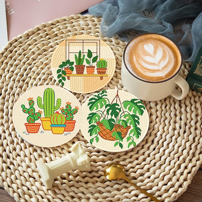 8 Pcs Diamond Art Coasters Kit with Holder, DIY Green Plants Diamond Painting Coasters for Beginners Adults, Non Slip Diamond Art Kits Craft Supplies 4x4inch